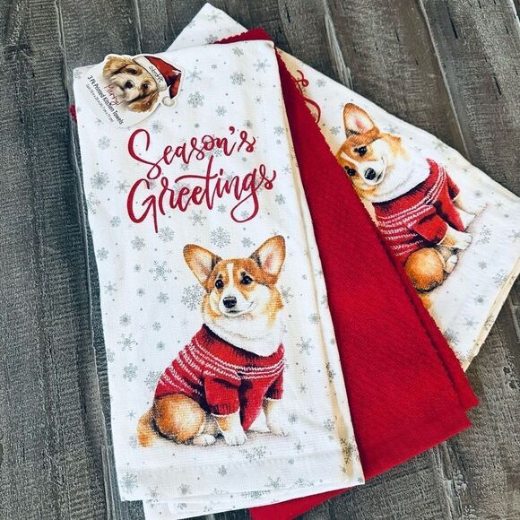 Corgi Dog Christmas Holiday Season’s Greetings 3-pc Dish Towels - Picture 1 of 2